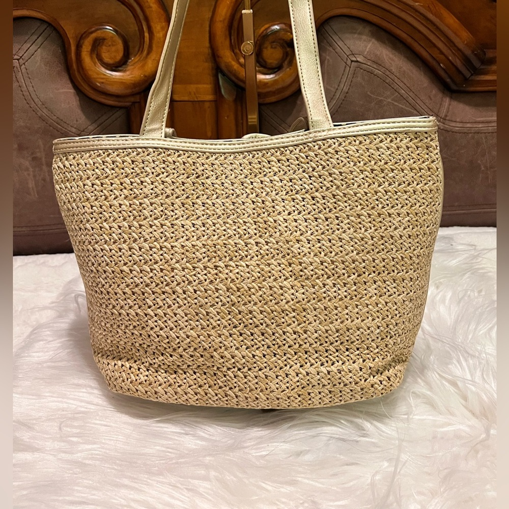 Bueno Tan Canvas & Brown Leather Satchel with Gold Hardware - Picture 6 of 10